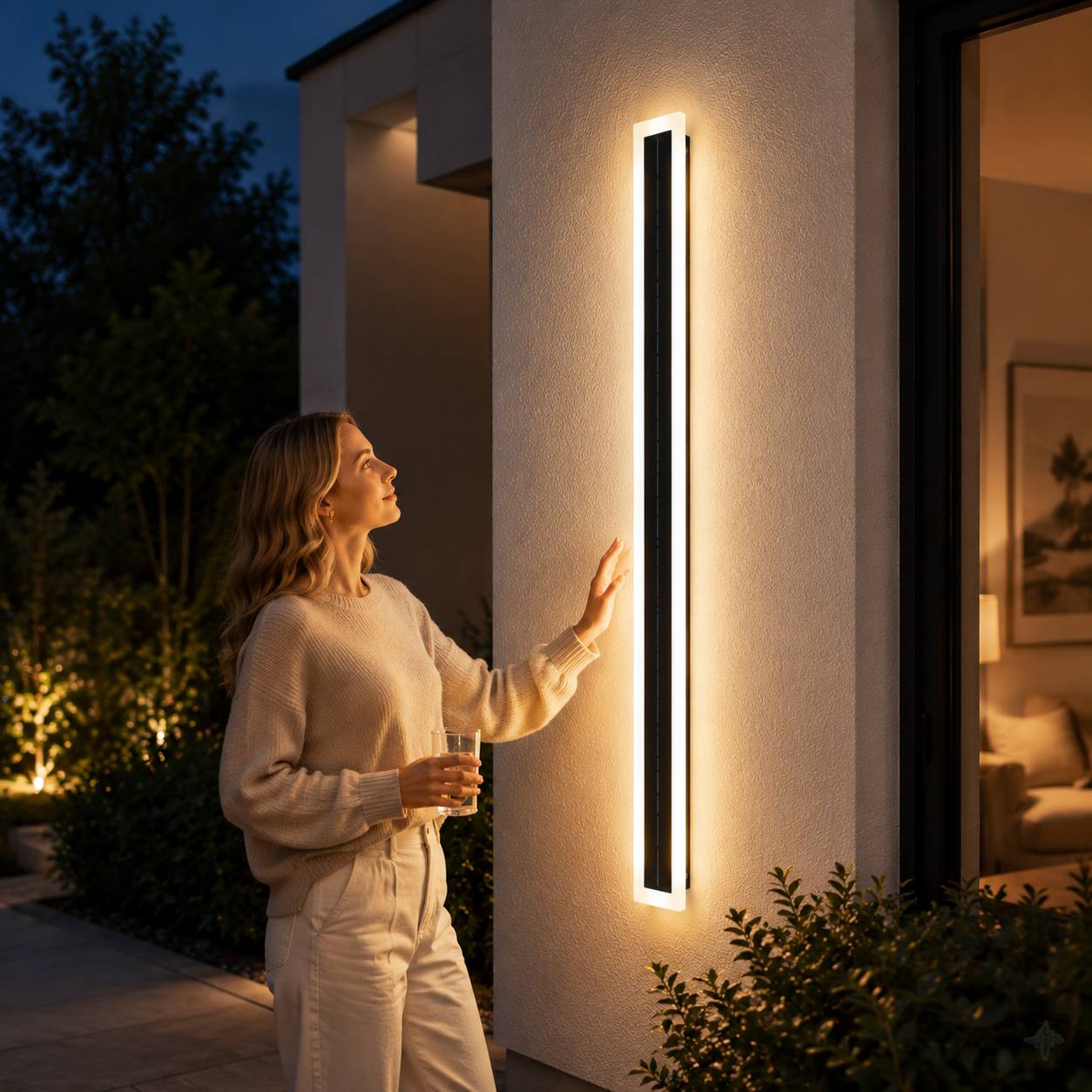 Modern solar LED wall light glowing warm white beside a patio entrance