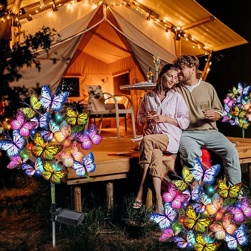 Solar butterfly garden lights 2-pack installed along lawn pathway daytime