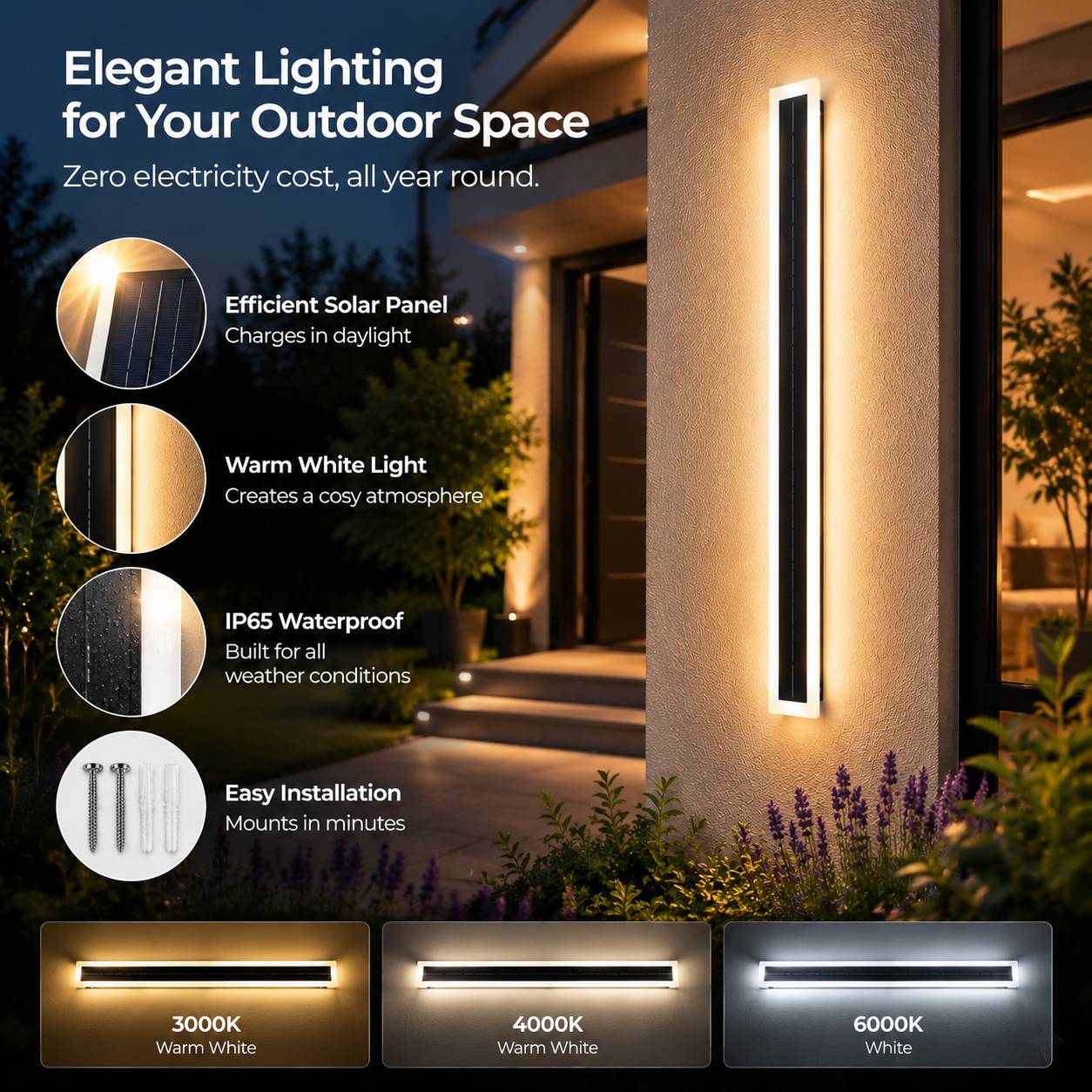 IP65 solar LED wall light features and 3000K to 6000K colour examples