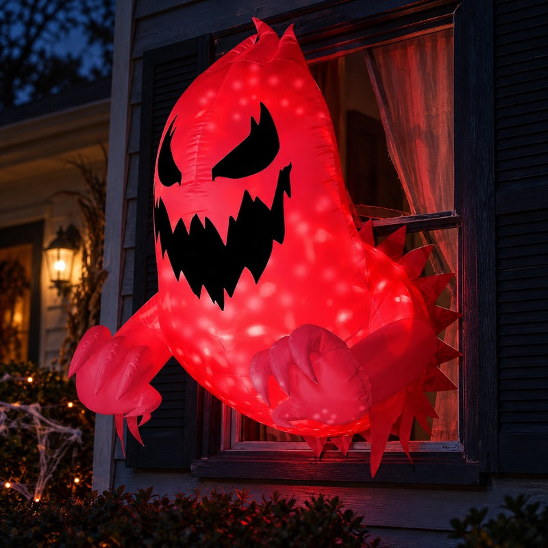 4 ft red window ghost Halloween inflatable at night