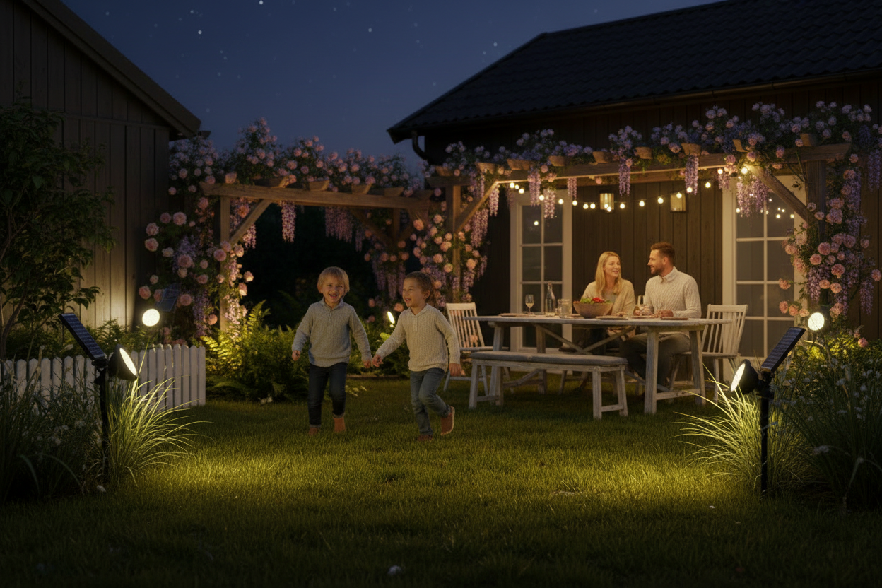 Nordic backyard family wide shot