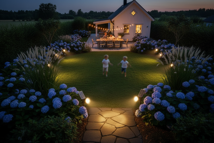 Nordic garden aerial family evening