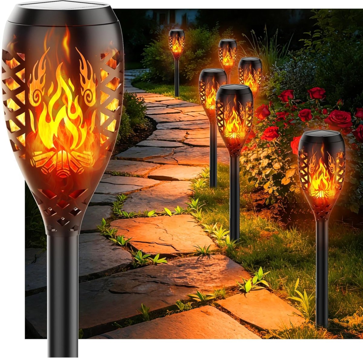 Solar garden stake lights illuminating a UK garden path