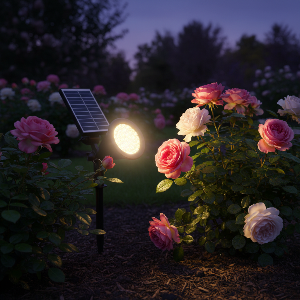 Solar spotlight in rose garden